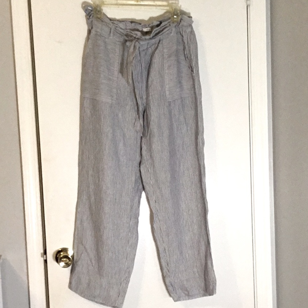 C&C California Light Blue & White Striped Wide-Leg Paperbag Pants